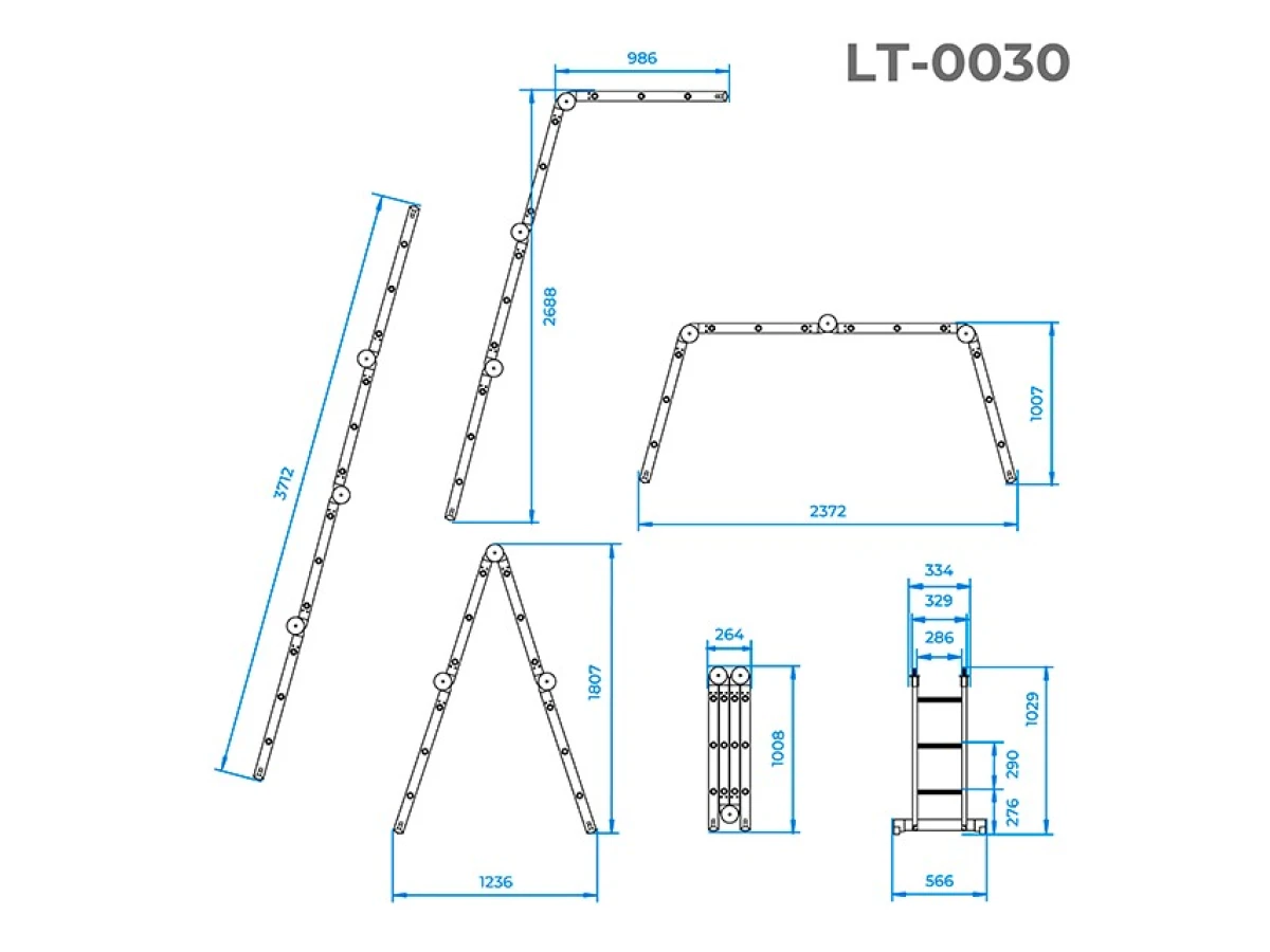 Лестница алюминиевая мультифункциональная трансформер 4*3 ступ., 3,70 м INTERTOOL LT-0030 