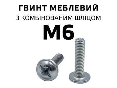 Гвинт меблевий M6 DIN-967 з напівкруглою головкою з буртиком і комбінованим шліцом, повне різьблення