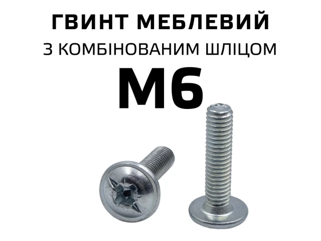 Гвинт меблевий M6 DIN-967 з напівкруглою головкою з буртиком і комбінованим шліцом, повне різьблення 