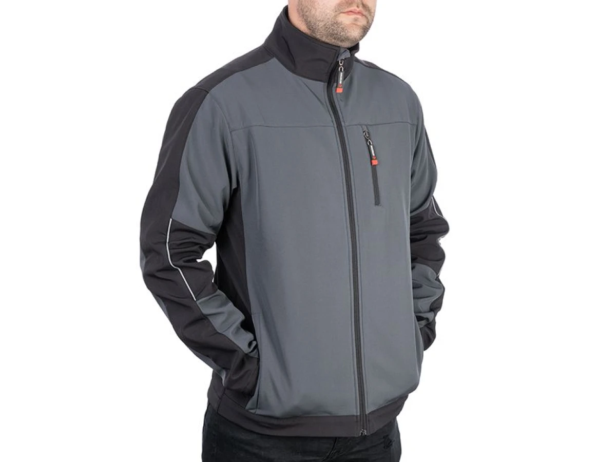 Куртка SOFTSHELL темно сіро-чорна, тришарова, тканина - стрейч 300 GSM 100D, з водо- і вітрозахистом, розмір S INTERTOOL SP-3131 