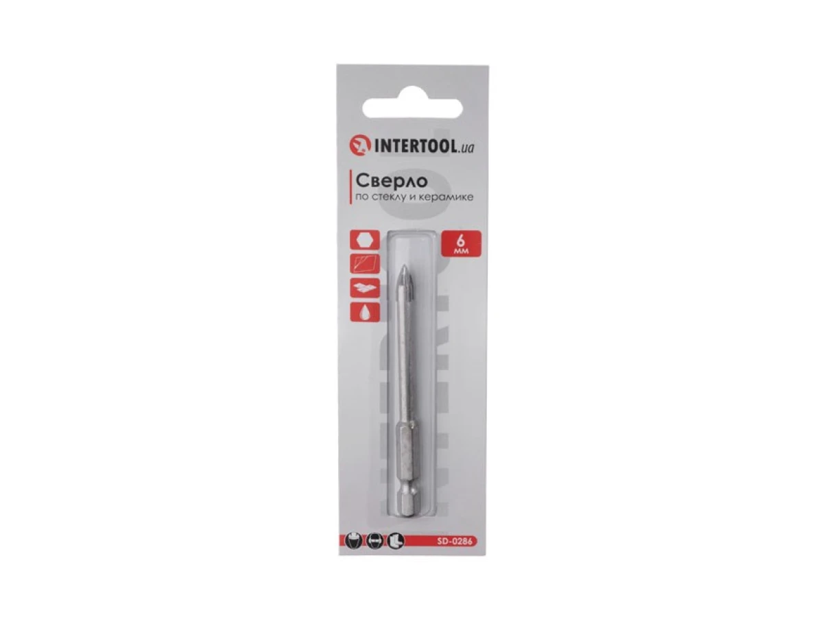 Свердло по склу та кераміці 6 мм HEX 1/4'' (6.35 mm) INTERTOOL SD-0286 