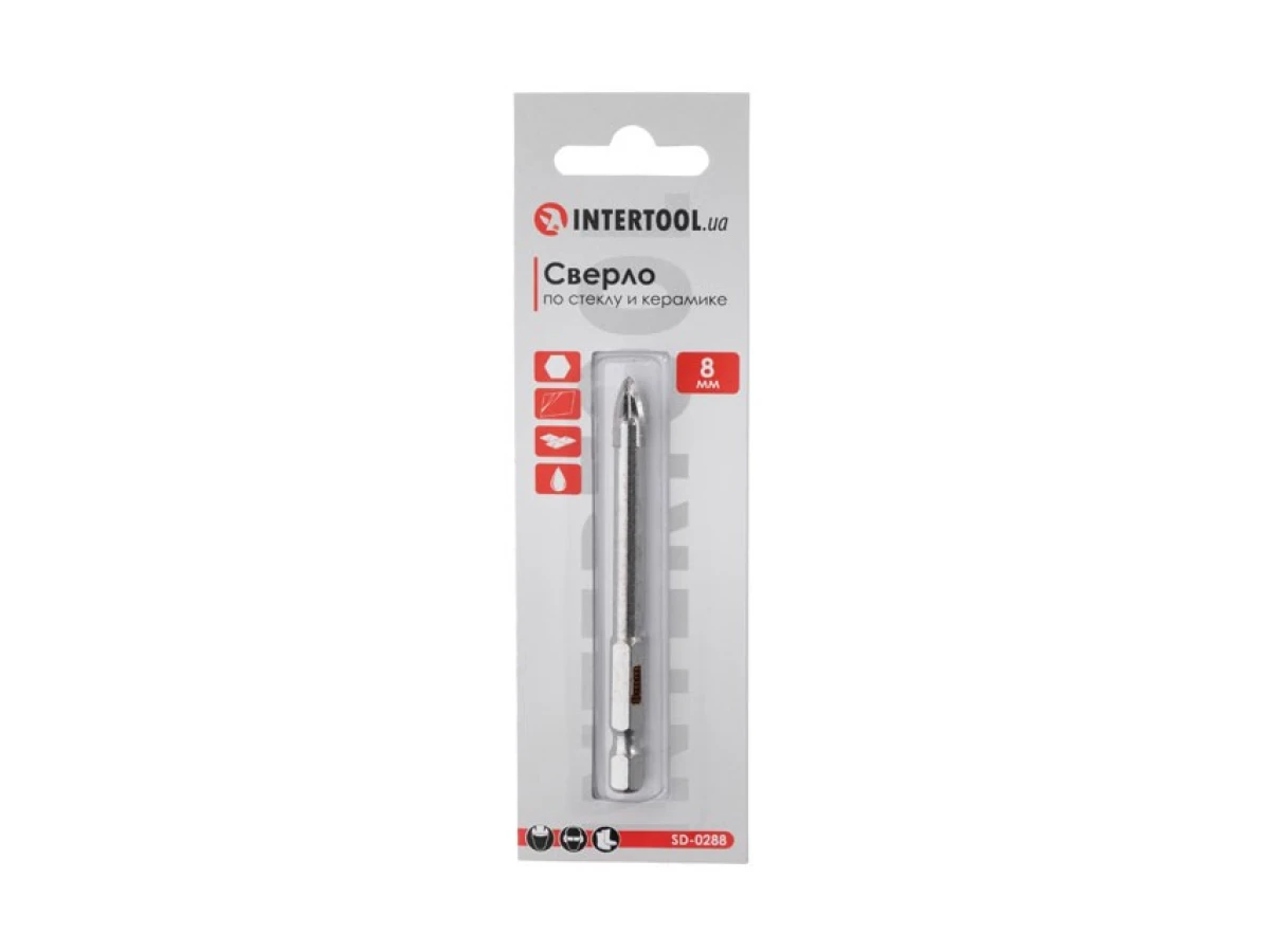 Свердло по склу та кераміці 8 мм HEX 1/4'' (6.35 mm) INTERTOOL SD-0288 