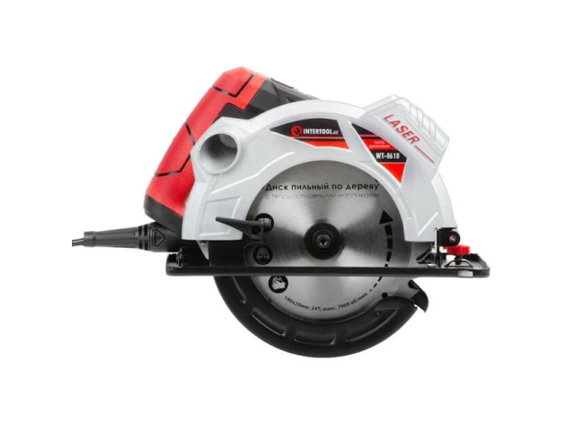 Пила дискова 1500 Вт, 5800 об/хв., кут 90-45°, глибина розпилу 65-43 мм, диск 190*20 мм, 24 зуба, лазер INTERTOOL WT-0618 