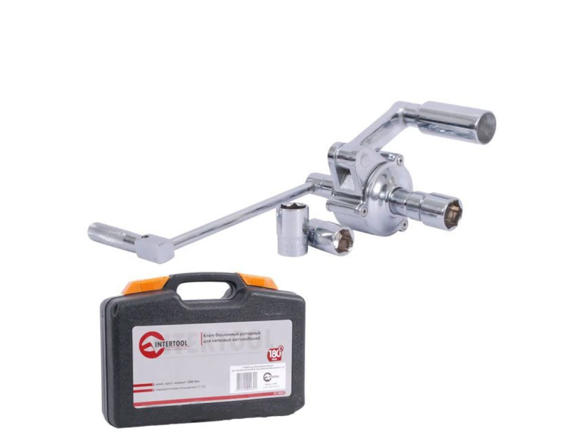 Ключ балонний роторний для легкових автомобілів 180мм, передавальне відношення 1:16, макc. крутий. момент 1000Nm, головки 17, 19, 21мм, пластиковий кейс INTERTOOL XT-0003 