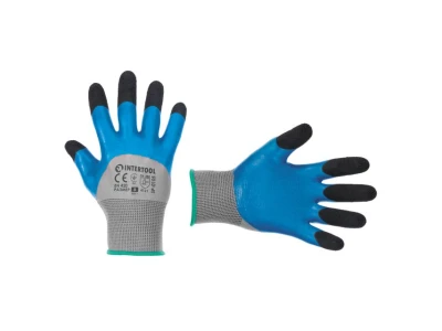 Перчатка трикотажная,синтетическая,усиленная,3/4 облив,покрытая вспененным латексом синего цвета,покрытие пальцев морщинистым латексом черного цвета,1 INTERTOOL SP-0107