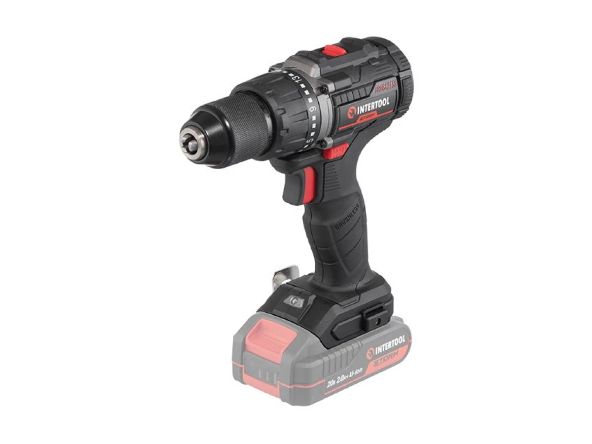 Дриль-шурупокрут акумуляторний з безщітковим двигуном 20 В, 60 Nm, 0-500/0-2000 об/хв., 2-13 мм, без ЗП та АКБ INTERTOOL WT-9360 
