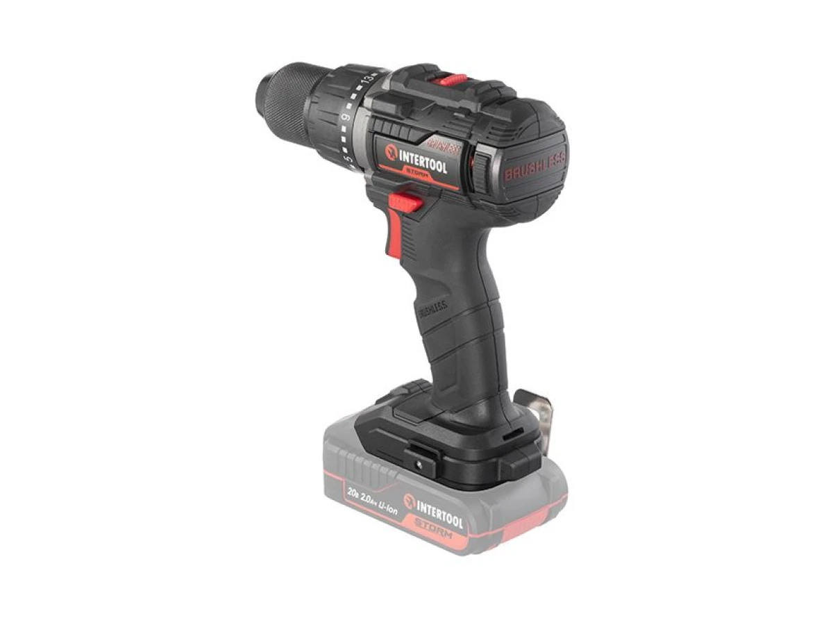 Дриль-шурупокрут акумуляторний з безщітковим двигуном 20 В, 60 Nm, 0-500/0-2000 об/хв., 2-13 мм, без ЗП та АКБ INTERTOOL WT-9360 