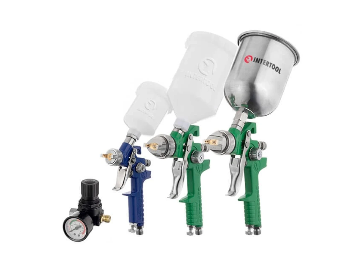 Набір з 3-х фарбопультів HVLP, 0,8 мм, 1,3 мм, 1,7 мм, регулятор тиску, два пластикових та один металевий бачок INTERTOOL PT-1505 
