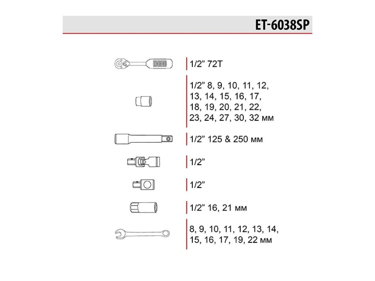 Набір інструментів 38 од. 1/2" INTERTOOL ET-6038SP 