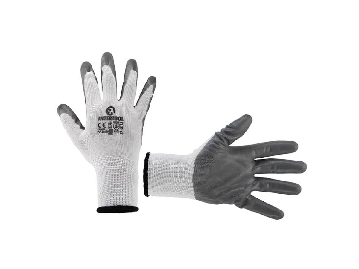 Перчатка белая вязанная синтетическая, покрытая серым нитрилом на ладони 10" INTERTOOL SP-0112 