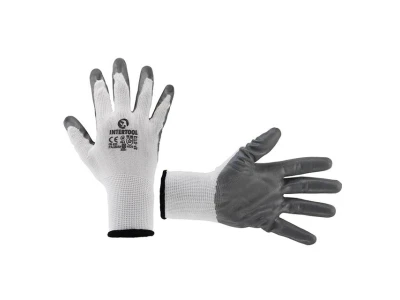 Перчатка белая вязанная синтетическая, покрытая серым нитрилом на ладони 10