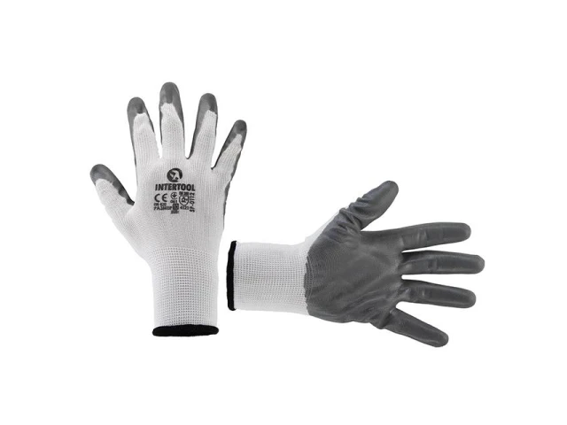 Перчатка белая вязанная синтетическая, покрытая серым нитрилом на ладони 10" INTERTOOL SP-0112 