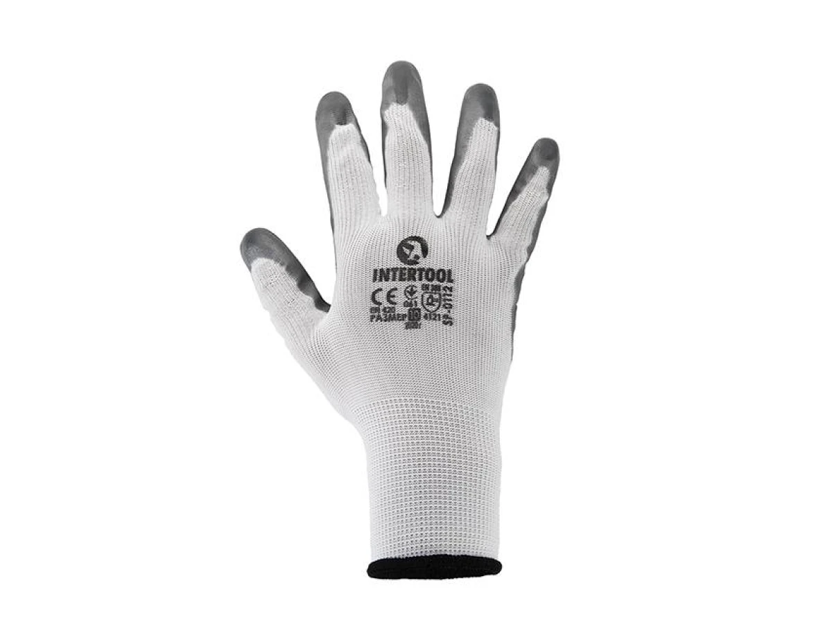 Перчатка белая вязанная синтетическая, покрытая серым нитрилом на ладони 10" INTERTOOL SP-0112 