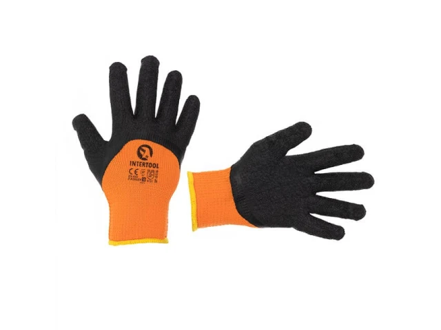 Перчатка трикотажная, акриловая, утепленная, оранжевая, покрыта черным морщинистым латексом 10" INTERTOOL SP-0116 