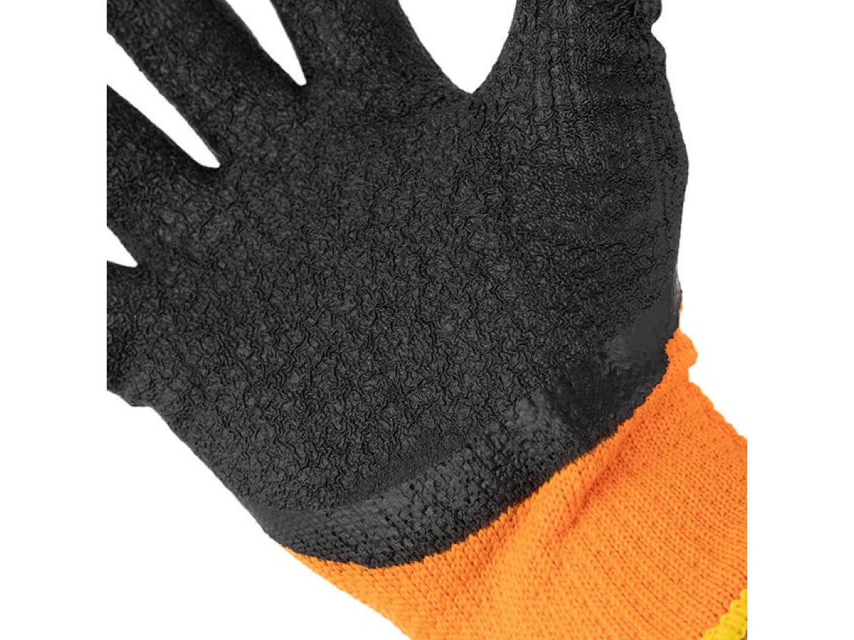 Перчатка трикотажная, акриловая, утепленная, оранжевая, покрыта черным морщинистым латексом 10" INTERTOOL SP-0116 