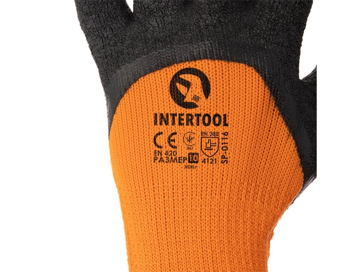 Перчатка трикотажная, акриловая, утепленная, оранжевая, покрыта черным морщинистым латексом 10" INTERTOOL SP-0116 