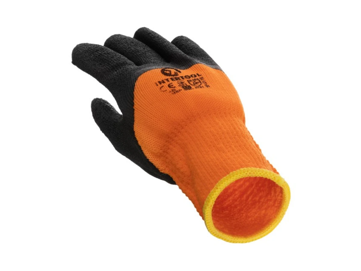 Перчатка трикотажная, акриловая, утепленная, оранжевая, покрыта черным морщинистым латексом 10" INTERTOOL SP-0116 