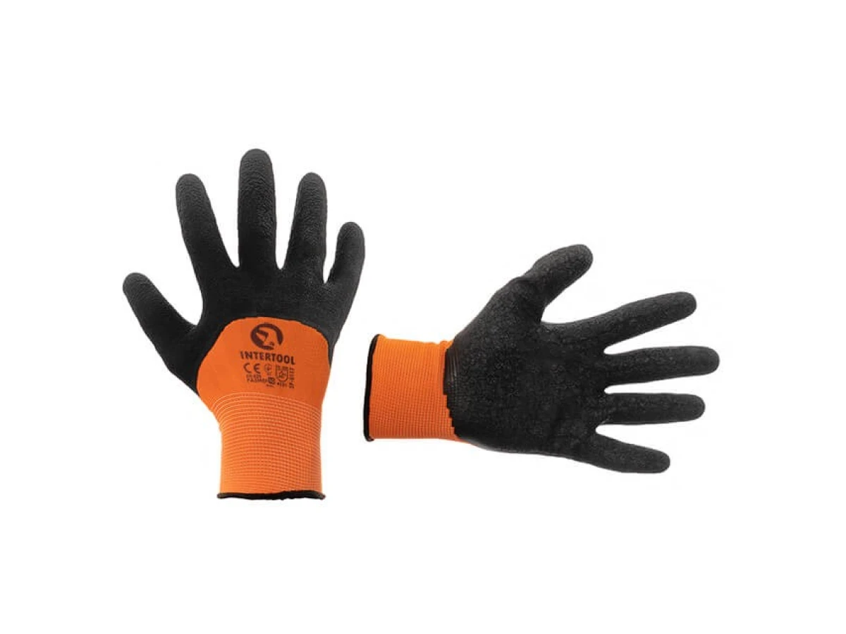 Перчатка трикотажная, синтетическая, усиленная, 3/4 облив, покрытая черным вспененым латексом, 10" INTERTOOL SP-0117 