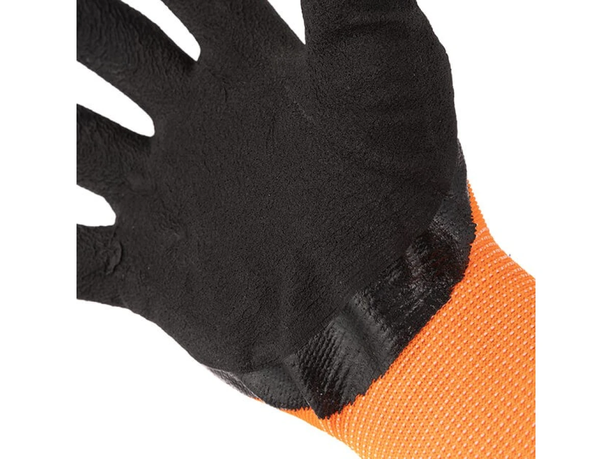Перчатка трикотажная, синтетическая, усиленная, 3/4 облив, покрытая черным вспененым латексом, 10" INTERTOOL SP-0117 