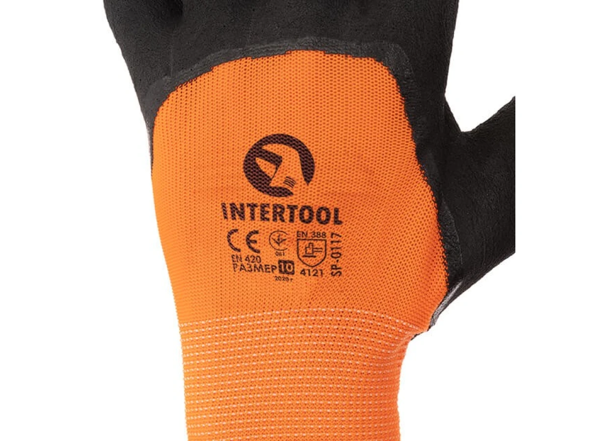 Перчатка трикотажная, синтетическая, усиленная, 3/4 облив, покрытая черным вспененым латексом, 10" INTERTOOL SP-0117 