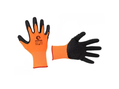 Перчатка трикотажная, синтетическая, оранжевая, покрыта черным рифленым латексом, 11