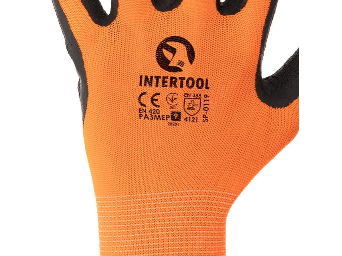 Перчатка трикотажная, синтетическая, оранжевая, покрыта черным рифленым латексом, 11" INTERTOOL SP-0119 