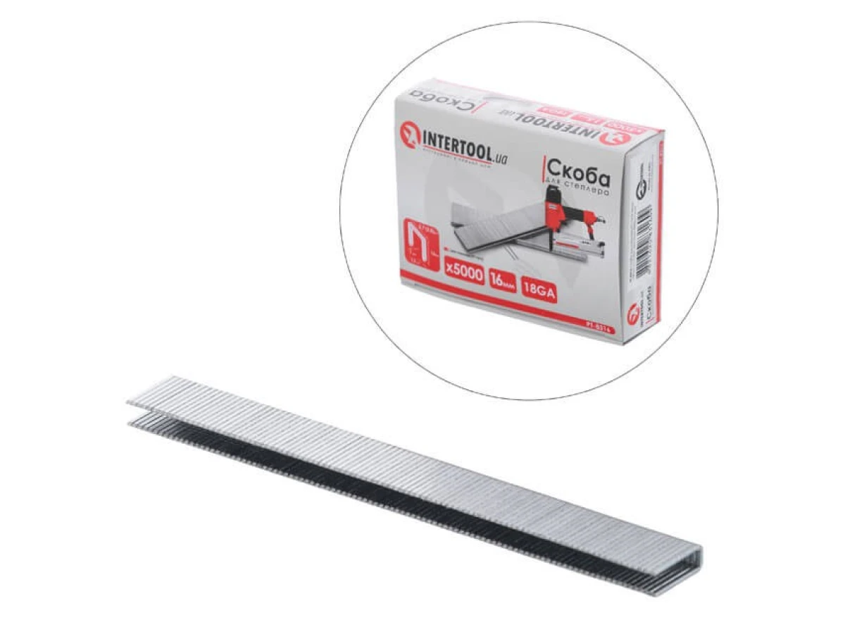 Скоба для степлера РТ-1612 16мм (18GA) 5,7(5,8)x1,25x1,0мм 5000од/упак. INTERTOOL PT-8316 