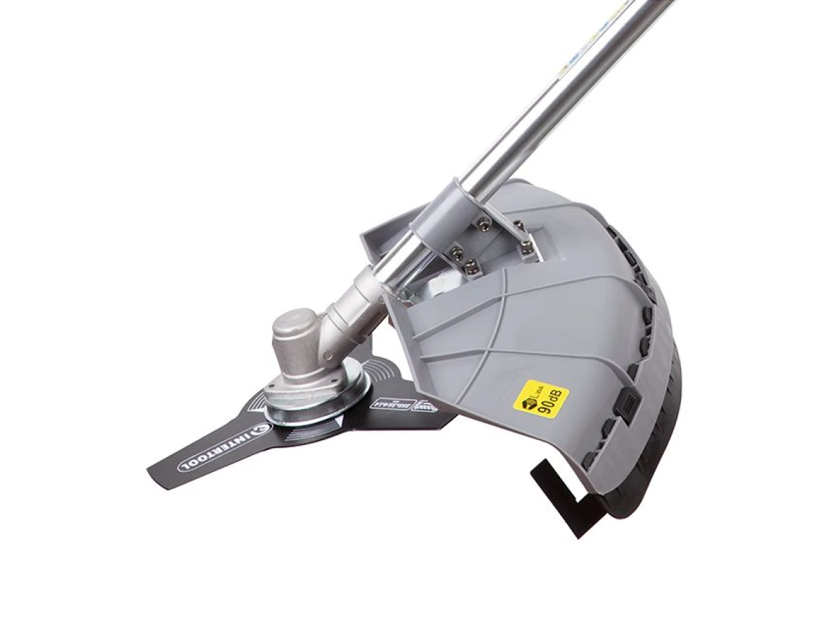 Триммер электрический, 1400 Вт, 230 В~50 Гц, 7500 об/мин, плавный пуск,рем.привод, диаметр вращения диска/лески 255/420 мм, катушка + 3-х зубчатый нож INTERTOOL DT-2258 