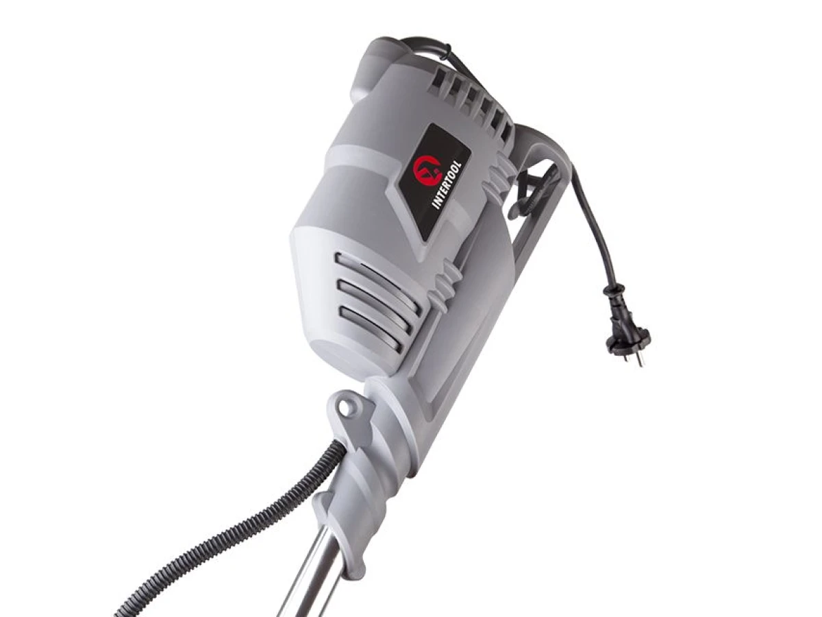 Триммер электрический, 1400 Вт, 230 В~50 Гц, 7500 об/мин, плавный пуск,рем.привод, диаметр вращения диска/лески 255/420 мм, катушка + 3-х зубчатый нож INTERTOOL DT-2258 