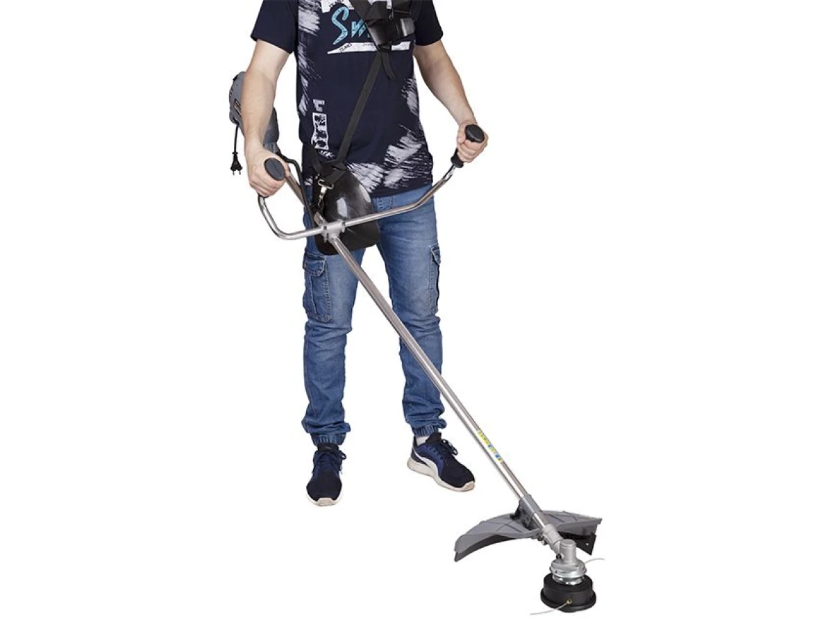 Триммер электрический, 1400 Вт, 230 В~50 Гц, 7500 об/мин, плавный пуск,рем.привод, диаметр вращения диска/лески 255/420 мм, катушка + 3-х зубчатый нож INTERTOOL DT-2258 