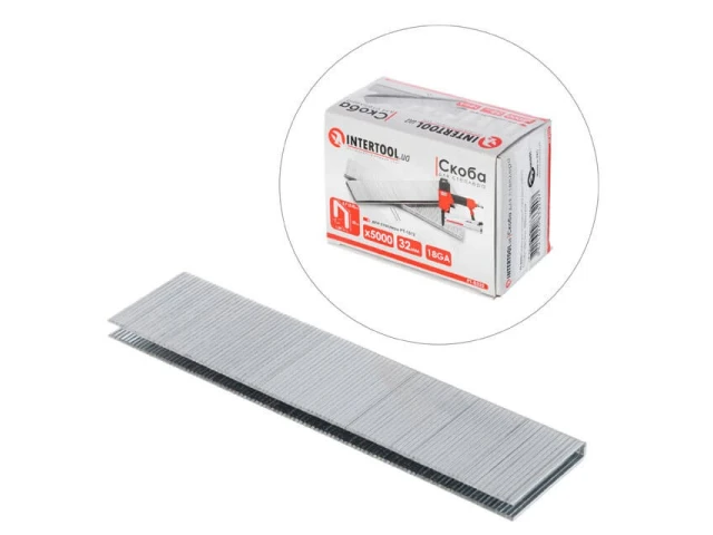 Скоба для степлера РТ-1612, 32 мм (18GA), 5,7(5,8)*1,25*1,0 мм 5000 од/уп. INTERTOOL PT-8332 