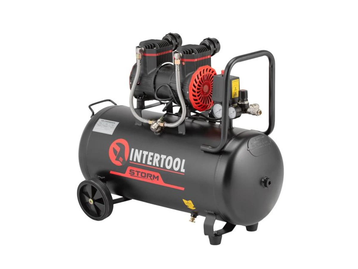 Компресор 50 л, 1.5 кВт, 220 В, 8 aтм, 250 л/хв, 2800 об/хв, безмасляний, 2 циліндра INTERTOOL PT-0035 
