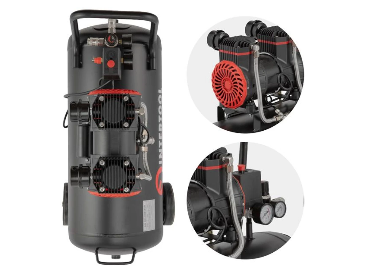 Компресор 50 л, 1.5 кВт, 220 В, 8 aтм, 250 л/хв, 2800 об/хв, безмасляний, 2 циліндра INTERTOOL PT-0035 