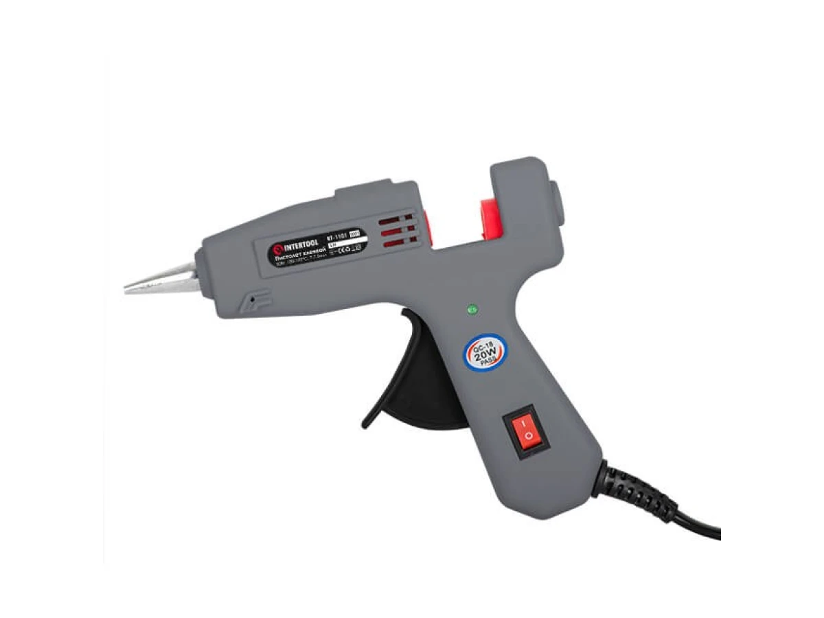 Пістолет клейовий 20(65) Вт, 230 В, 180-195 °C під стрижні 7-7.5 мм, 5-13 г/хв. INTERTOOL RT-1101 