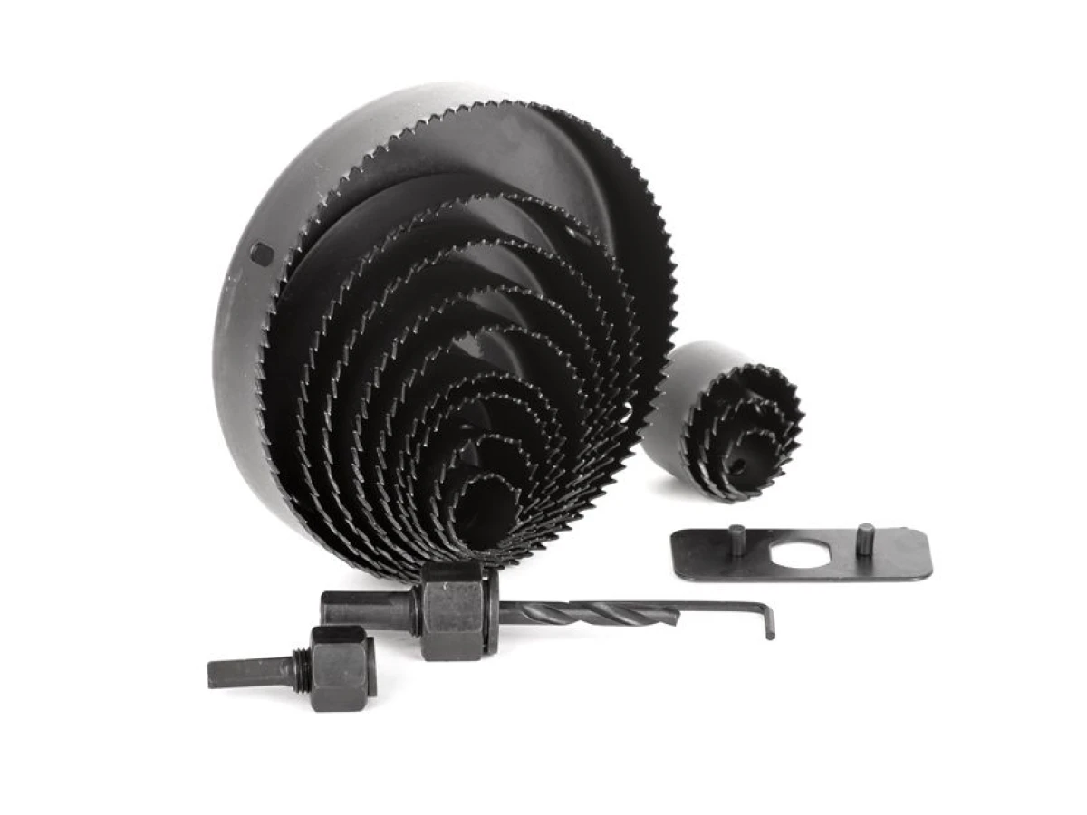 Набір корончатих свердел по деревині 19-127 мм 16 шт (19, 22, 29, 32, 38, 44, 54, 64, 76, 89, 102, 127 мм) INTERTOOL BT-0026 