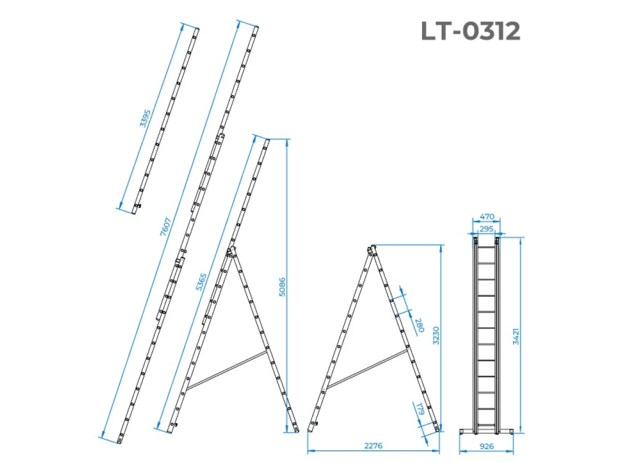 Лестница алюминиевая 3-х секционная универсальная раскладная, 3*12 ступ., 7,60 м INTERTOOL LT-0312 