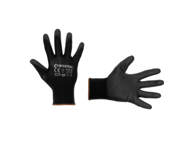 Перчатка трикотажная,синтетическая,черного цвета, с полиуретановым покрытием,10" INTERTOOL SP-0169 