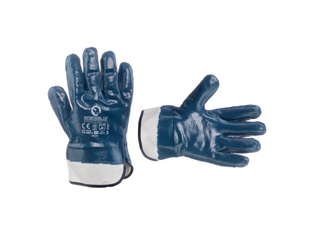 Перчатка маслостойкая (синяя) на основе трикотажа покрытая нитрилом с твердым манжетом 10.5" INTERTOOL SP-0001 