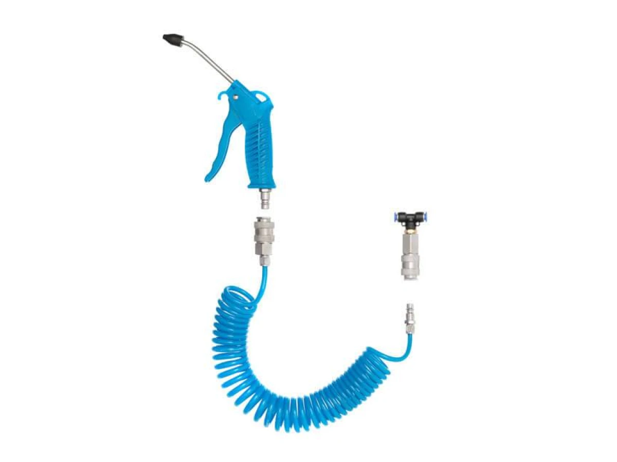 Набір для продування кабіни вантажних авто: пістолет, шланг поліуретановий 5 м 6*4 мм, трійник на шланг 6 мм; на швидкороз'ємних з'єднаннях INTERTOOL PT-1506 