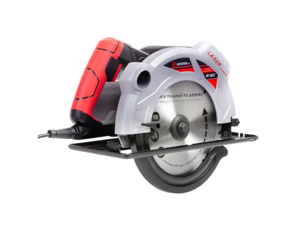Пила дискова 1800 Вт, 5000 об/хв., кут 90°-45°, Глибина розпилу 73-48 мм, диск 210*30 мм, 40 зубців, лазер INTERTOOL WT-0621 