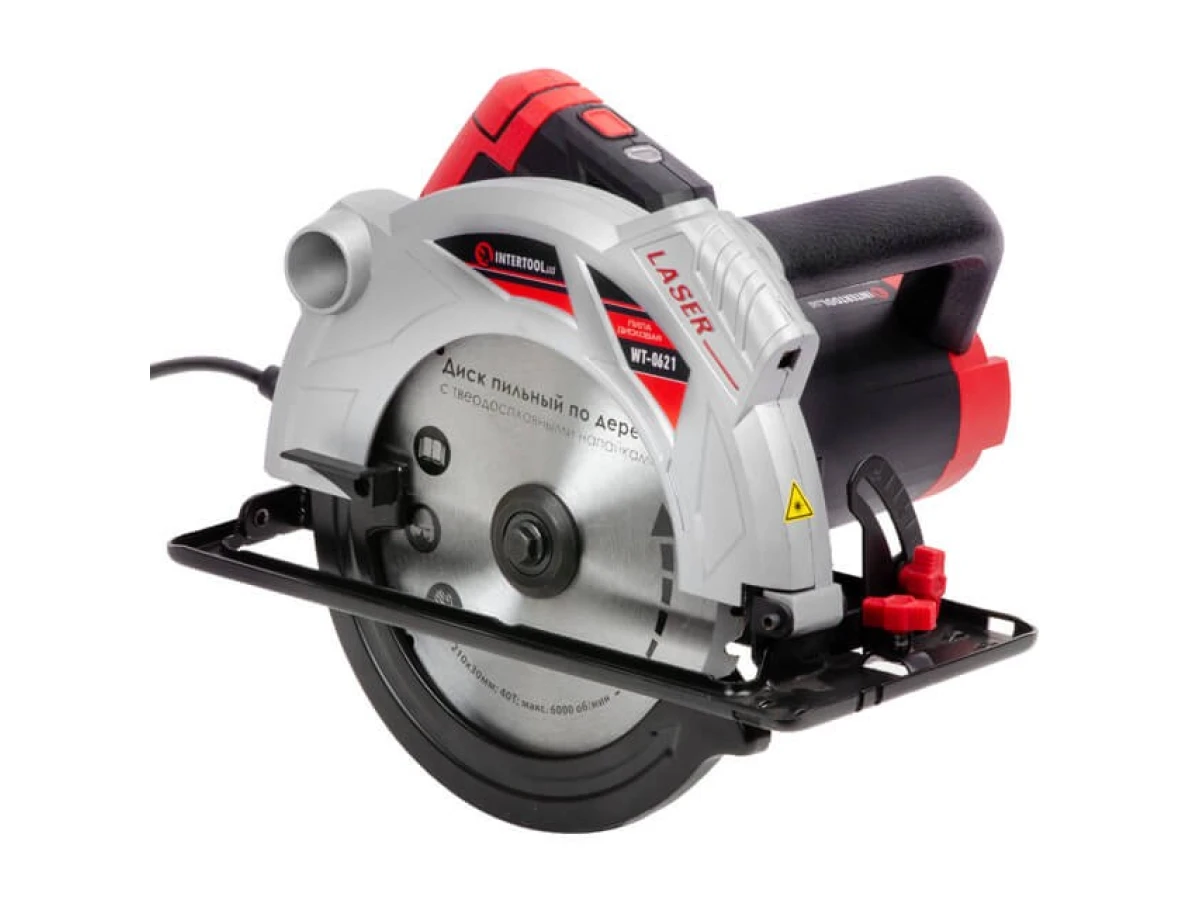 Пила дискова 1800 Вт, 5000 об/хв., кут 90°-45°, Глибина розпилу 73-48 мм, диск 210*30 мм, 40 зубців, лазер INTERTOOL WT-0621 