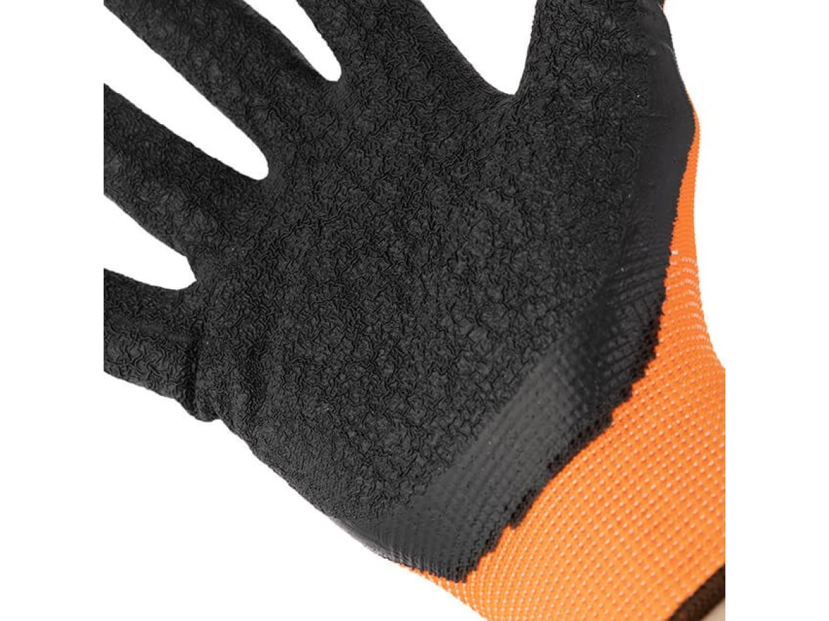 Перчатка трикотажная, синтетическая, оранжевая, покрыта черным рифленым латексом, 9" INTERTOOL SP-0120 