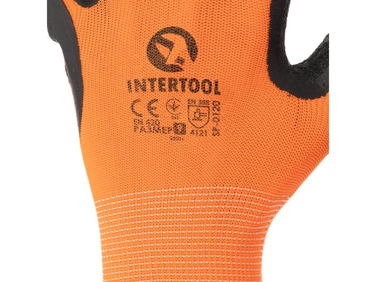 Перчатка трикотажная, синтетическая, оранжевая, покрыта черным рифленым латексом, 9" INTERTOOL SP-0120 