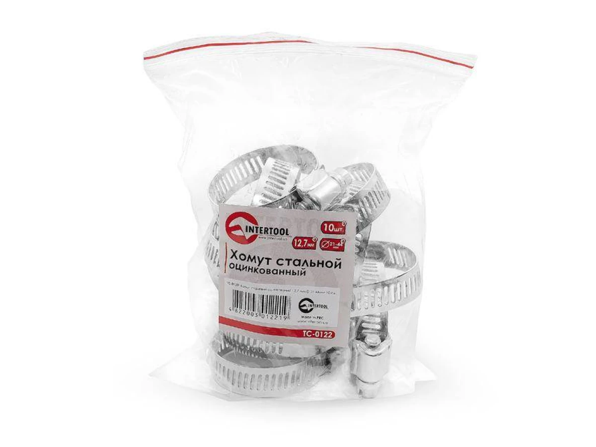 Хомут сталевий оцинкований 12,7 мм, D - 21-44 мм INTERTOOL TC-0122 