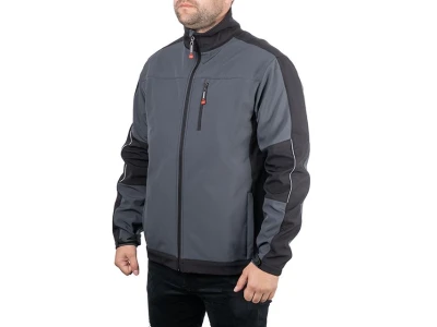 Куртка SOFTSHELL темно сіра-чорна, тришарова, тканина - стрейч 300 GSM 100D з водо- і вітрозахистом, розмір М INTERTOOL SP-3132