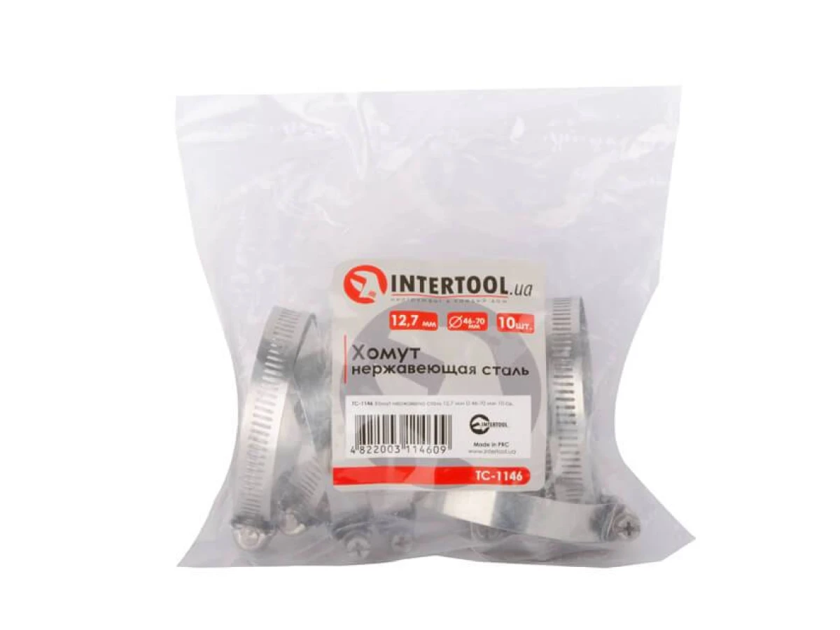 Хомут нержавіюча сталь 12,7 мм, D - 46-70 мм INTERTOOL TC-1146 