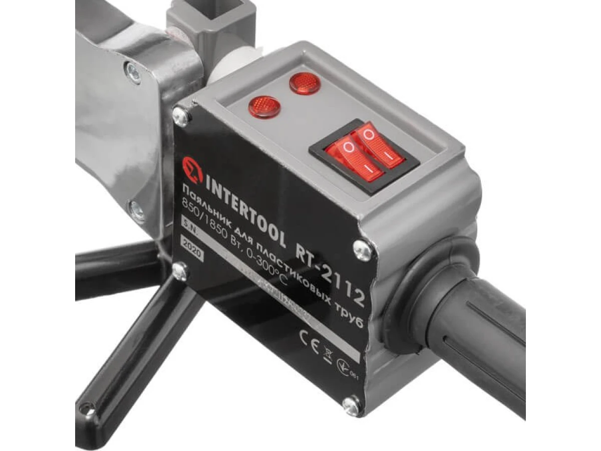 Паяльник для пластикових труб, 850/1850 Вт, 0-300°C, насадки 20, 25, 32, 40, 50, 63 мм, металевий кейс INTERTOOL RT-2112 