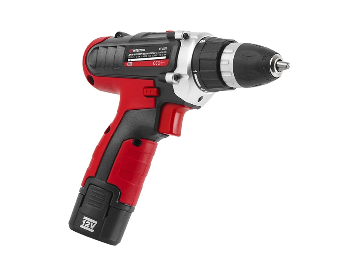 Дрель-шуруповерт аккумуляторная, Li-Ion 12В, 18Nm,1.5 Ач, 2 скорости, 0-400/0-1500об/мин, 2 аккумулятора INTERTOOL WT-0321 