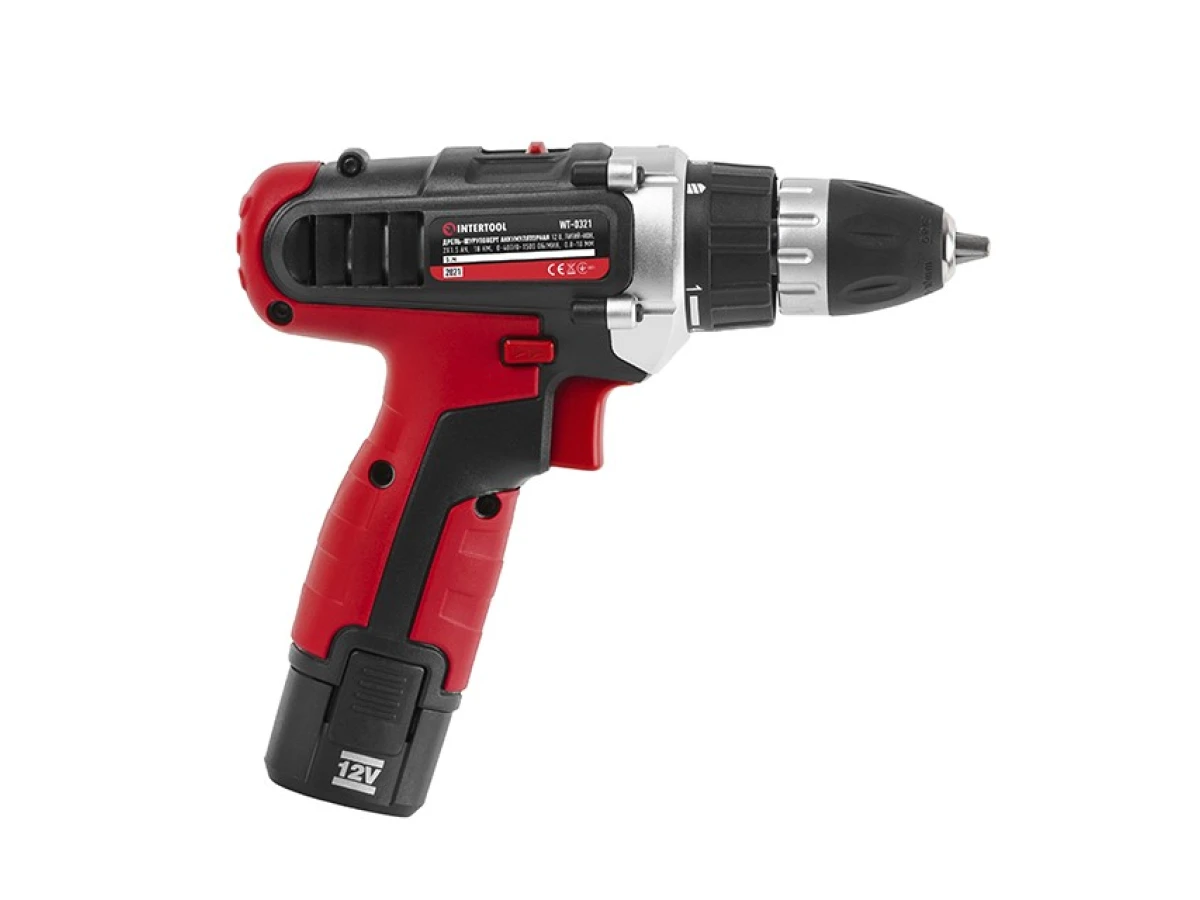 Дрель-шуруповерт аккумуляторная, Li-Ion 12В, 18Nm,1.5 Ач, 2 скорости, 0-400/0-1500об/мин, 2 аккумулятора INTERTOOL WT-0321 