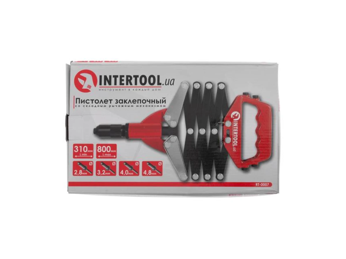 Пістолет заклепувальний з важільним механизмом 800мм, діаметр заклепки 2.8; 3.2; 4; 4.8 мм INTERTOOL RT-0007 